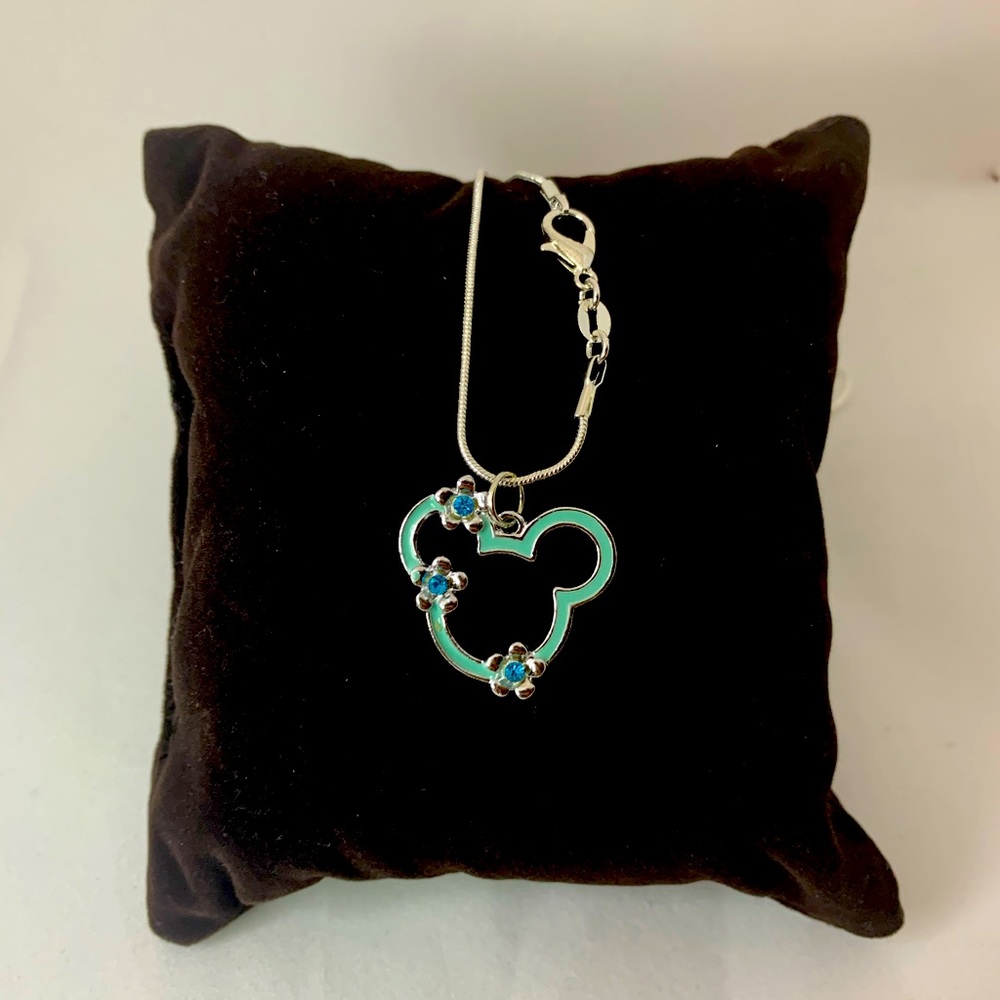 Mickey Teal Charm with 3 Blue Stones and 16 in Sterling Silver Chain